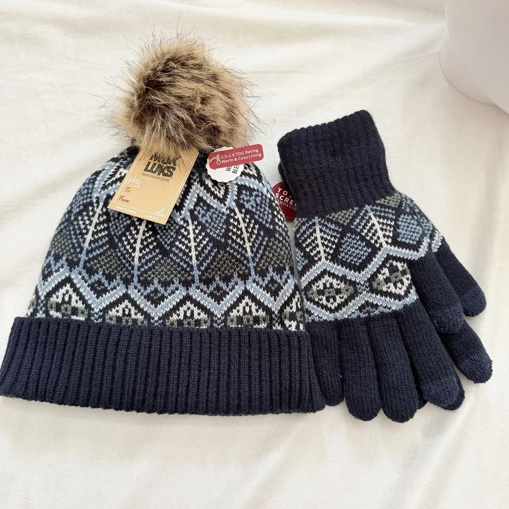 Muk Luks Women's Fair Isle Beanie Hat And Glove Set Black Gray,Blue Faux Fur Pom